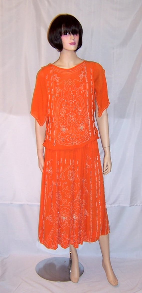 Early 1920's Vivid Orange Gown with White Beadwor… - image 1