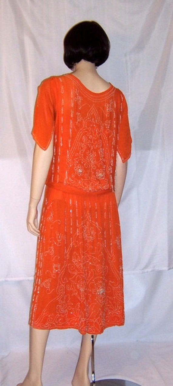 Early 1920's Vivid Orange Gown with White Beadwor… - image 4