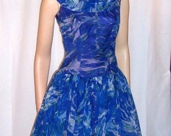 1950's Cobalt Blue and Turquoise Floral Printed Cocktail Dress