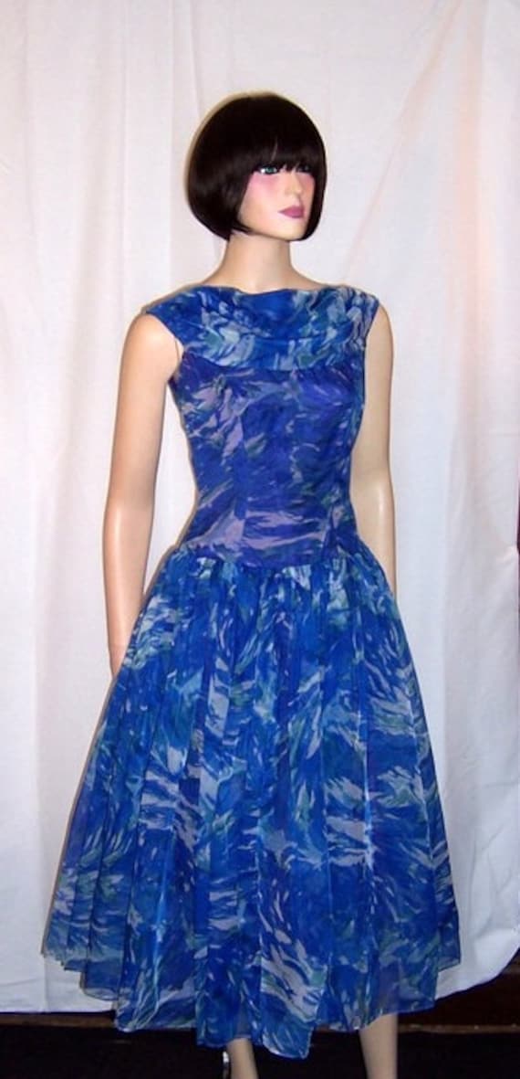 1950's Cobalt Blue and Turquoise Floral Printed Cocktail Dress