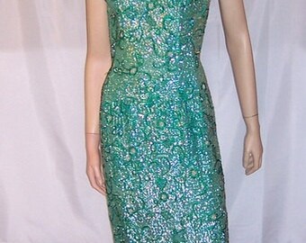 1960's Viridian Green Beaded and Sequined Gown-Made in Hong Kong