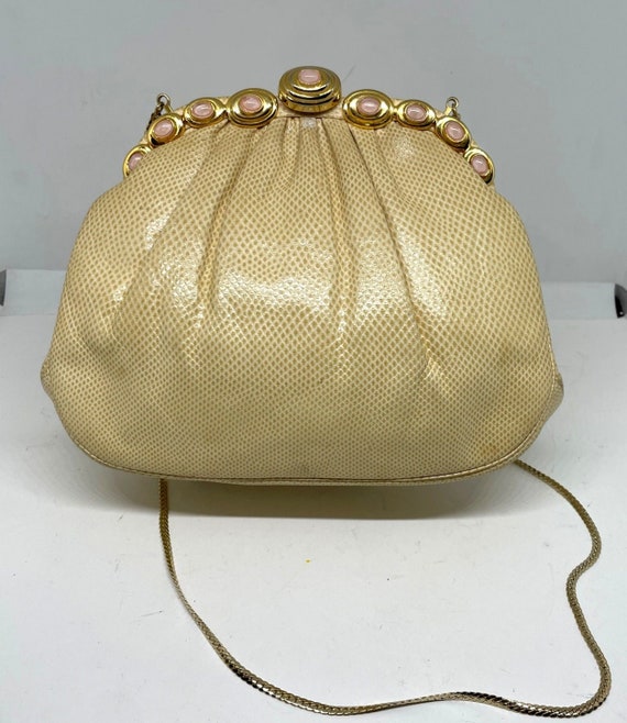 Judith Leiber Cream Colored Karung Handbag With Rose Quartz 