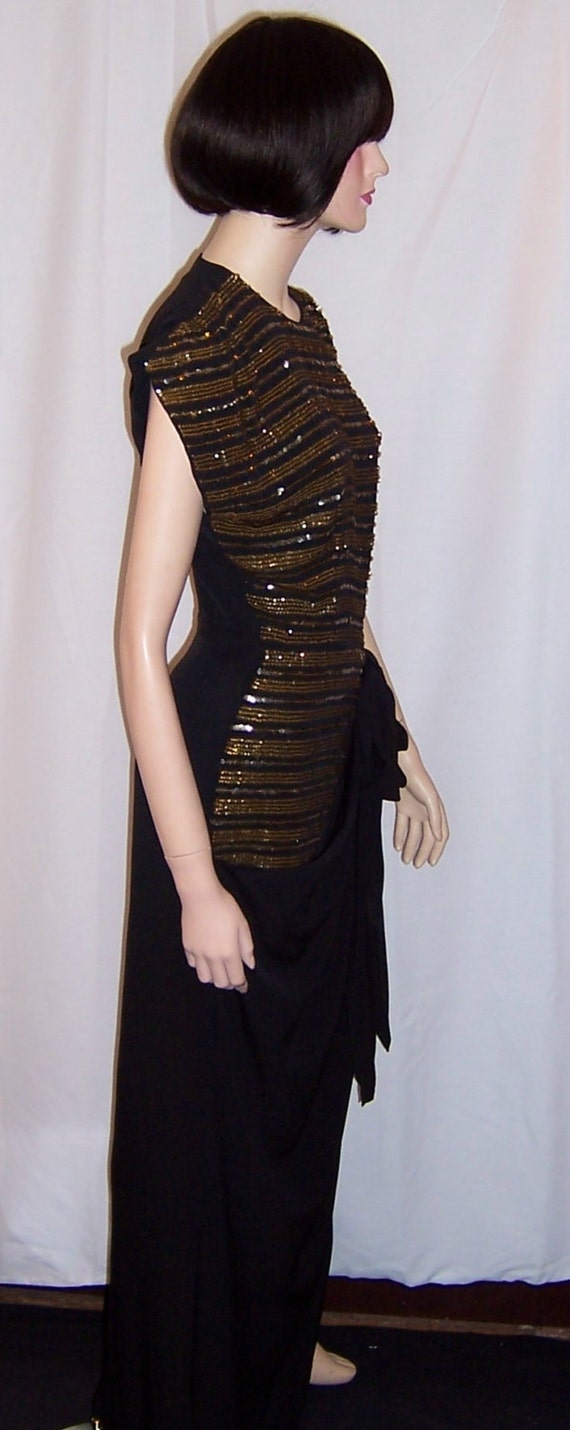 1940's Black Crepe and Gold Sequined Gown - image 2