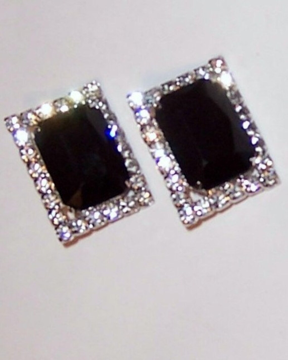 Rectangular Ear Clips Large Black and Clear, Rectangular-shaped, Rhinestone Clip-on Earrings ...