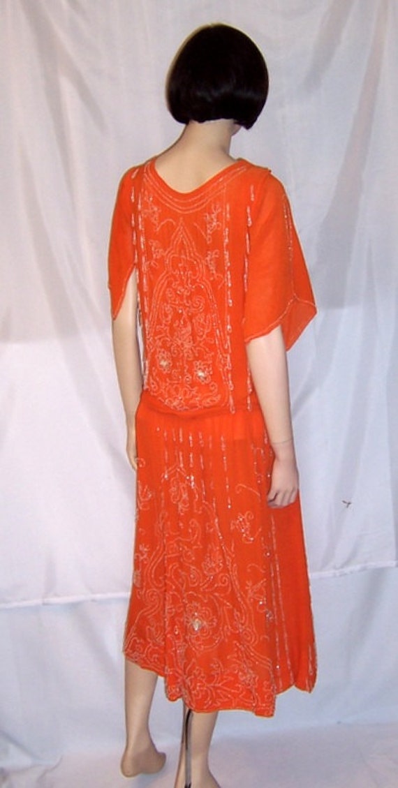 Early 1920's Vivid Orange Gown with White Beadwor… - image 3