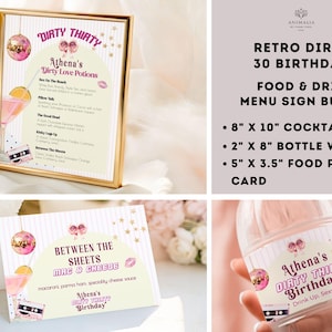 Retro Dirty 30 Birthday Cocktail Menu Sign  ( 8" x 10"Cocktail Menu, 2" x 8" Bottle Wrap, 5" x 3.5" Table Place Card) Mini Bundle