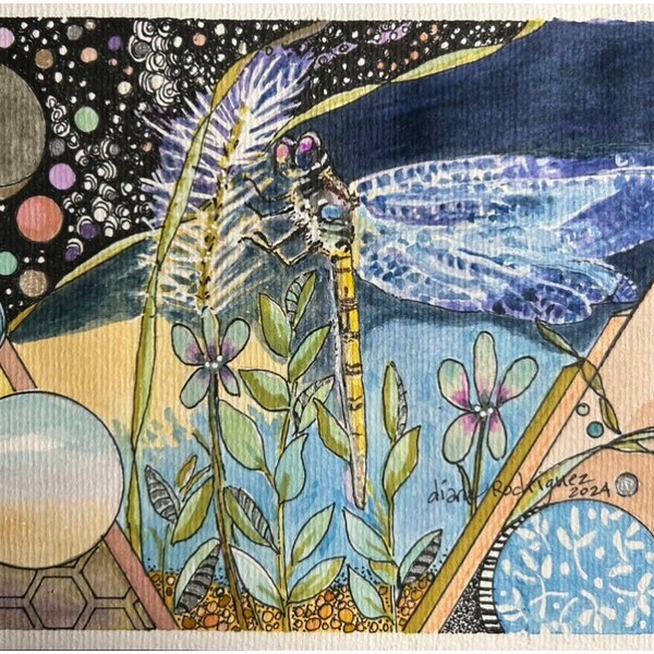 Cosmic Harvest. 8.25” x 5.5” #watercolor #Dragonfly #Southwest #Cosmic