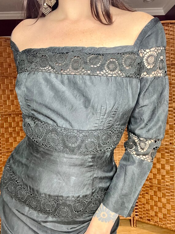 1960s Inky Black Wiggle Dress with Crochet Panels - image 9