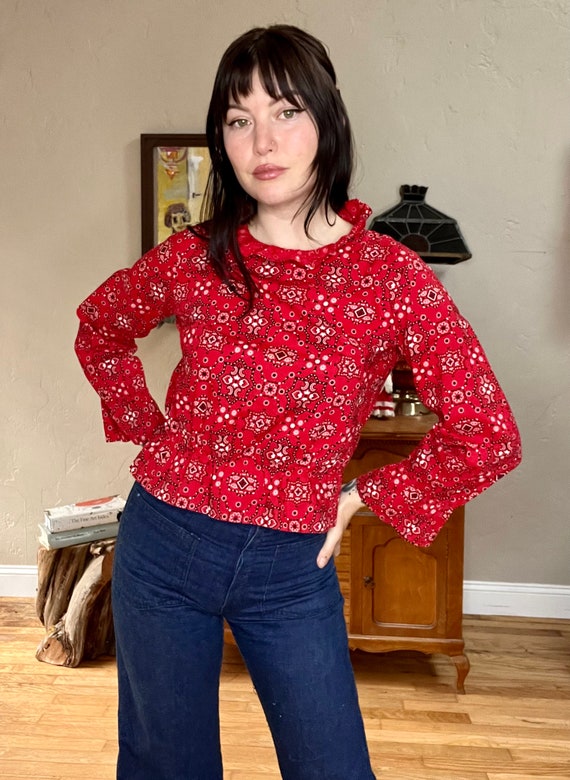 1960s 1970s Red Paisley Western Blouse - image 1