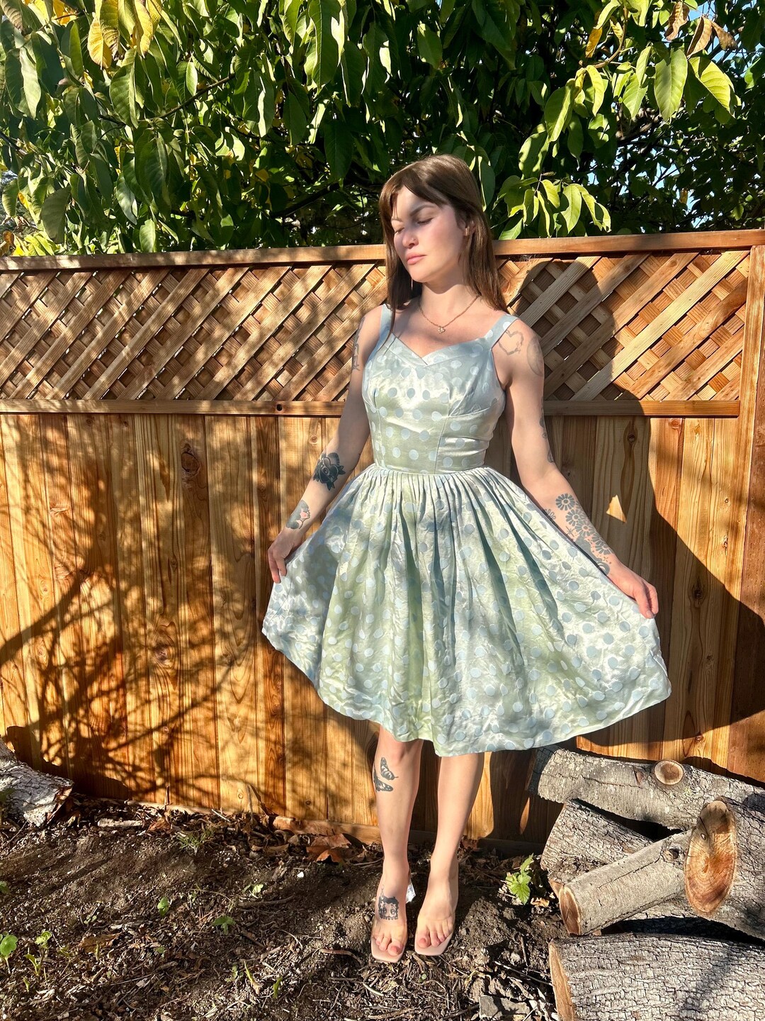XXS/XS | 1950s Dark Blue Chiffon Polkadot Dress
