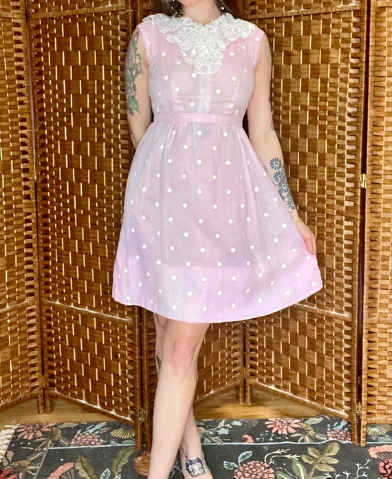 1970s baby pink and white polka dot dress - image 9