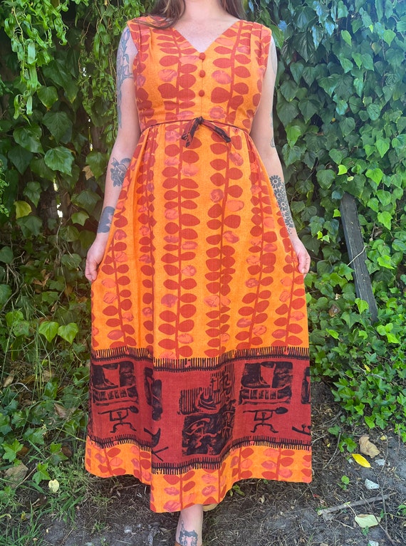 S/M 1970s Alfred Shaheen Novelty Print Maxi Dress - image 7