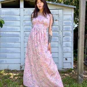 1970s Pink Novelty Print Postcards Maxi Dress