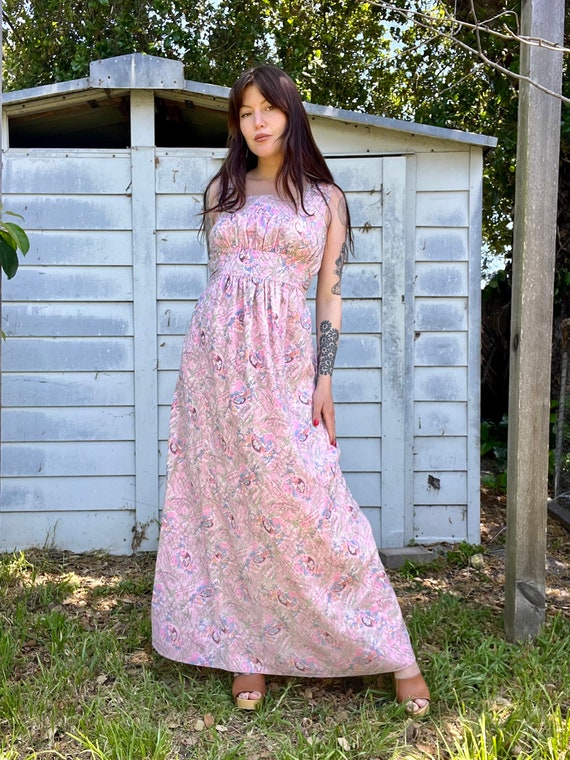 1970s Pink Novelty Print Postcards Maxi Dress