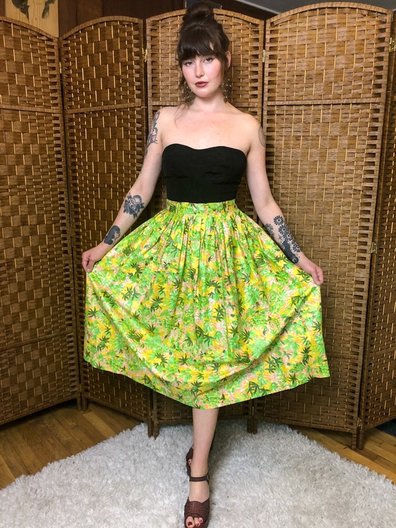 DEADSTOCK Medium 1950s Green and Pink Floral Skirt