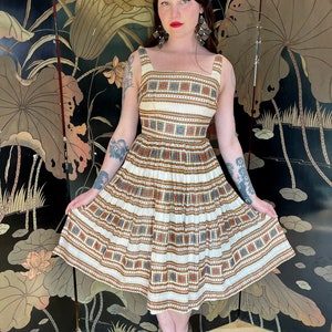 1950s Cotton Batik Fit and Flare Dress image 1