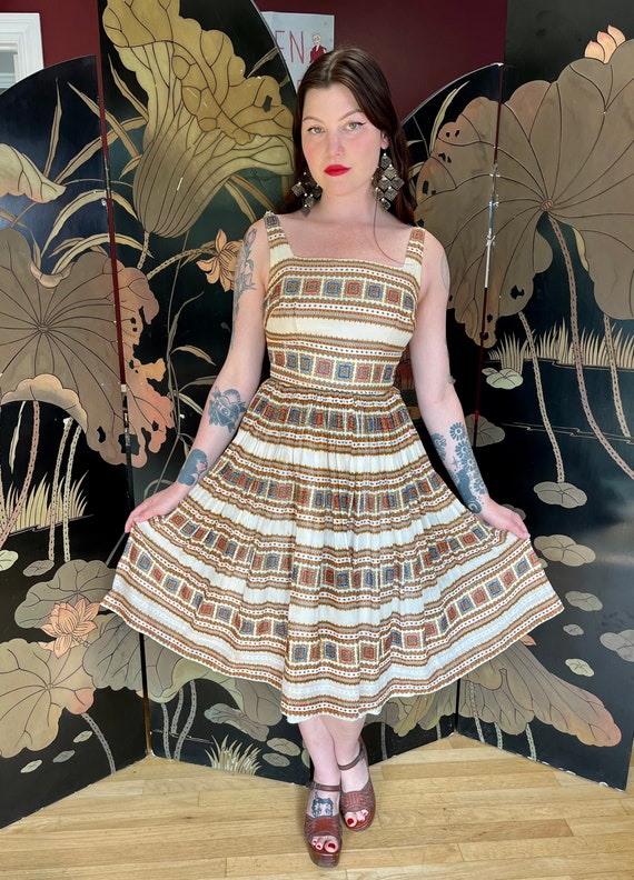 1950s Cotton Batik Fit and Flare Dress - image 1