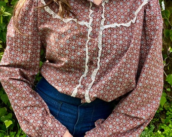 1970s Burgundy Calico Blouse