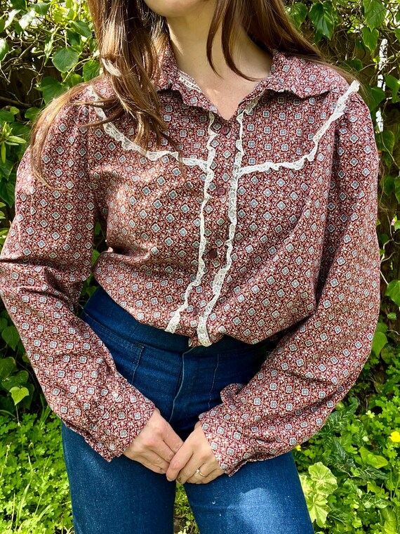 1970s Burgundy Calico Blouse - image 1