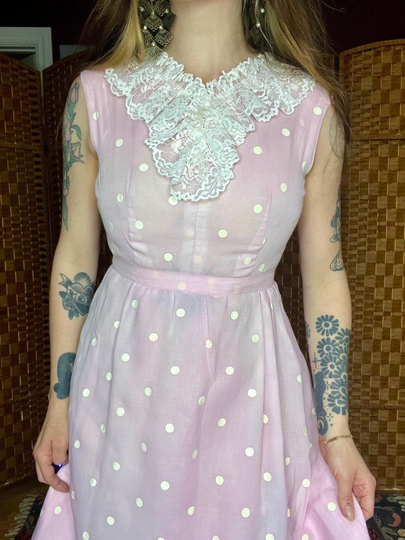 1970s baby pink and white polka dot dress - image 5