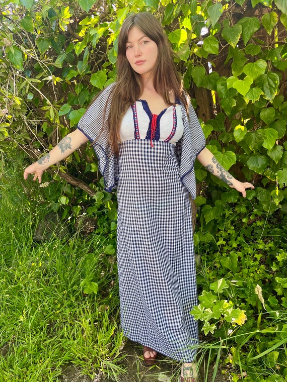 1970s Gingham Kimono Sleeve Maxi Dress