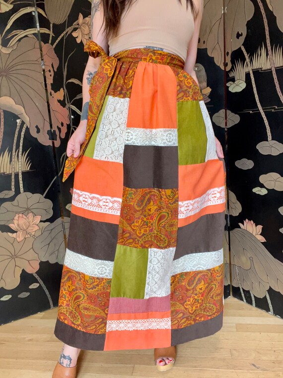 vintage patchwork print skirt 古着　70s Vintage 70s Patchwork Skirt, Cottagecore Hippie Calico Swirl