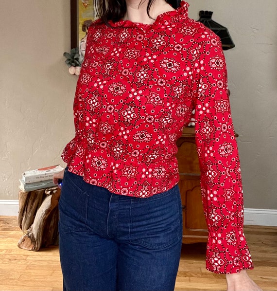 1960s 1970s Red Paisley Western Blouse - image 3