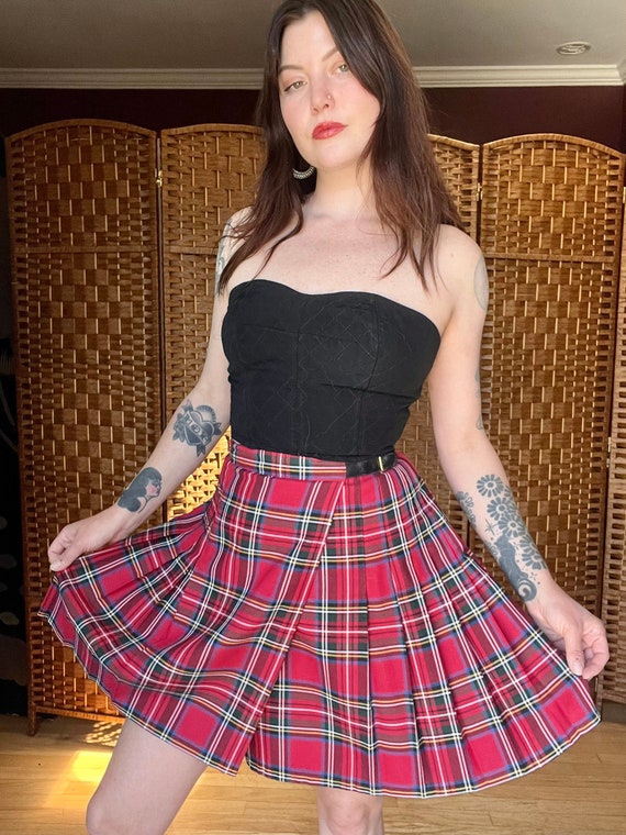 1990s Red Plaid Pleated Skirt - image 5