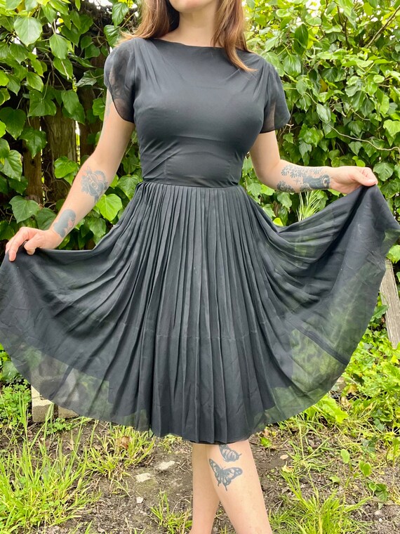 1950s Black Chiffon Fit and Flare Dress