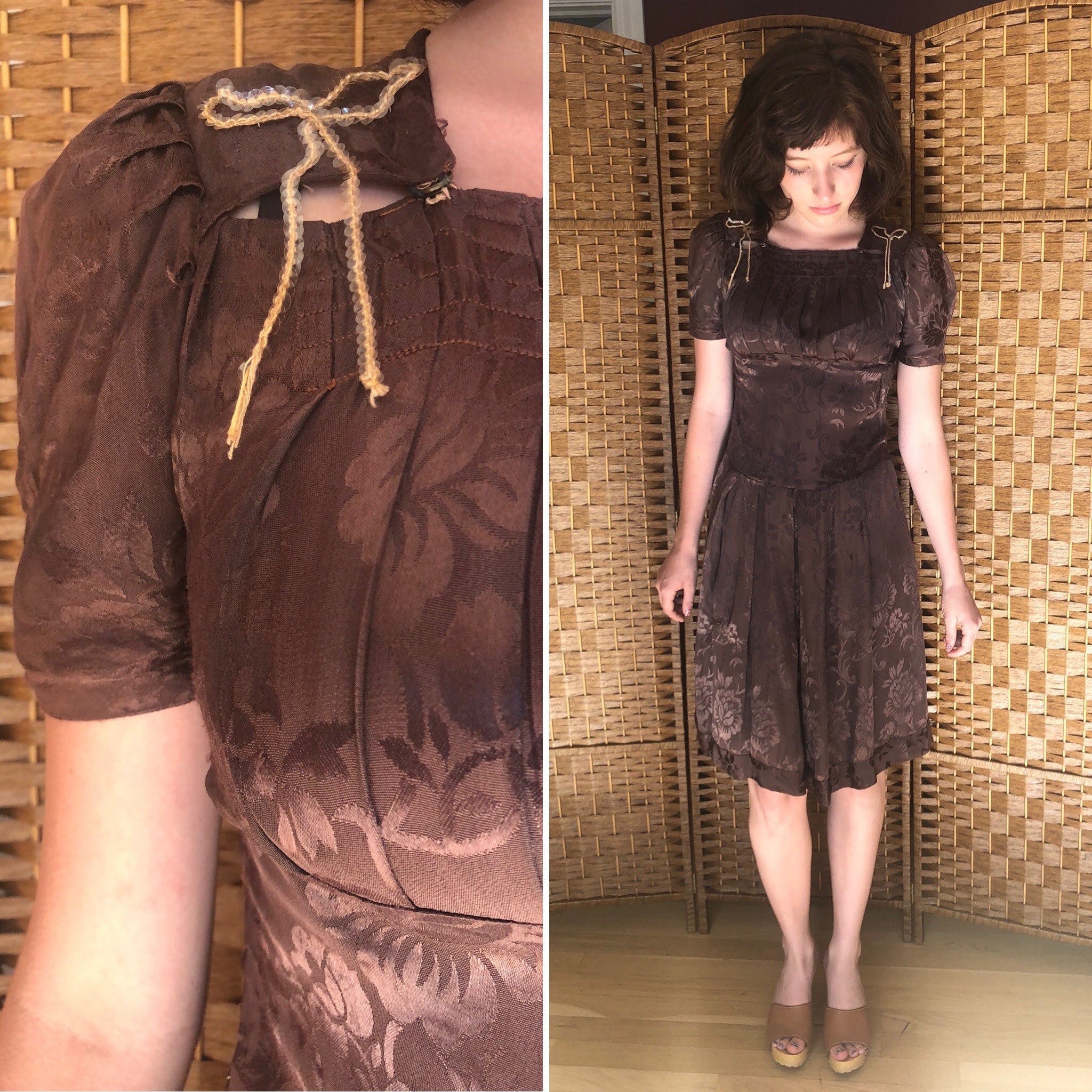1940s Brown Satin Puff Sleeve Dress - Etsy