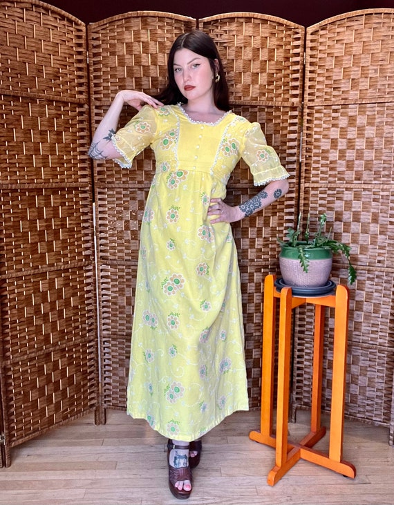 1960s Yellow Floral Maxi Dress