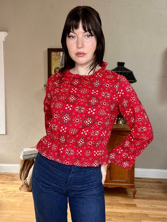 1960s 1970s Red Paisley Western Blouse - image 9