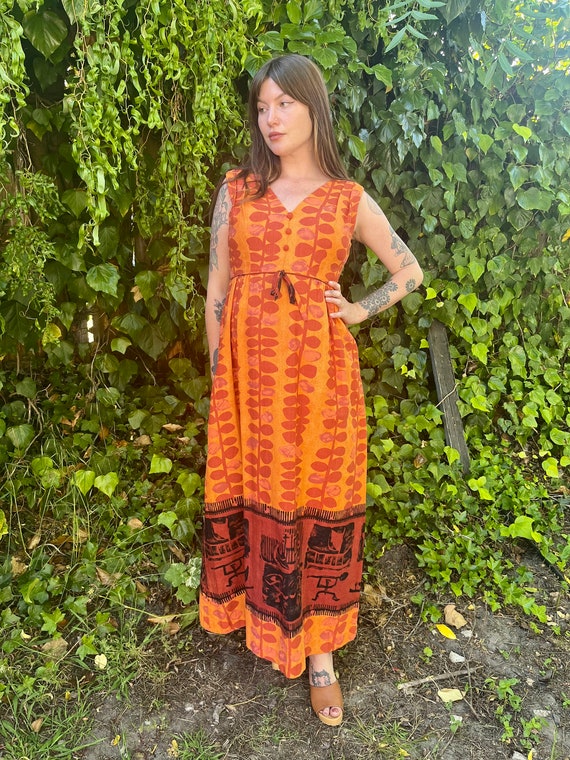 S/M 1970s Alfred Shaheen Novelty Print Maxi Dress - image 4