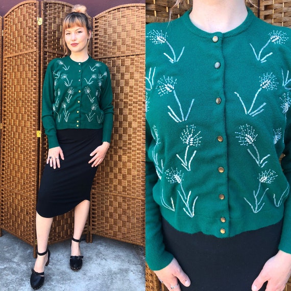 Large 1950s Forest Green Beaded Cardigan