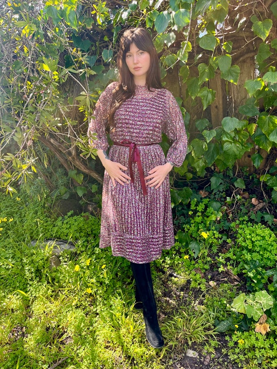 80’s Blue and Purple Multicolor Floral Print Semi Sheer Dress by California Looks