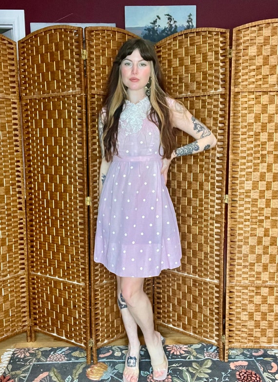 1970s baby pink and white polka dot dress - image 3