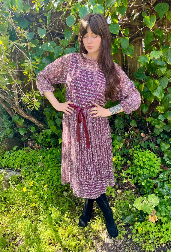 80’s Blue and Purple Multicolor Floral Print Semi Sheer Dress by California Looks main image 0