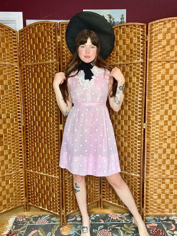 1970s baby pink and white polka dot dress