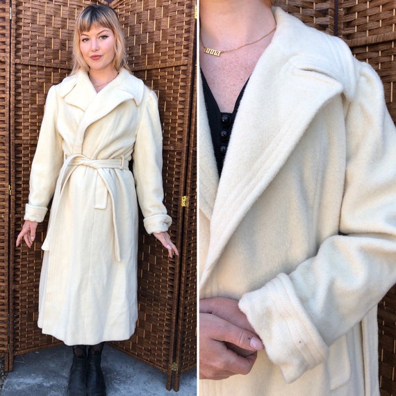M/L 1950s 60s Windsor Cream Long Waist Tie Coat