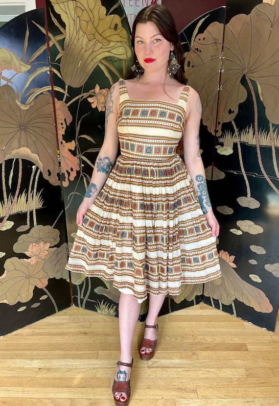 1950s Cotton Batik Fit and Flare Dress - image 6