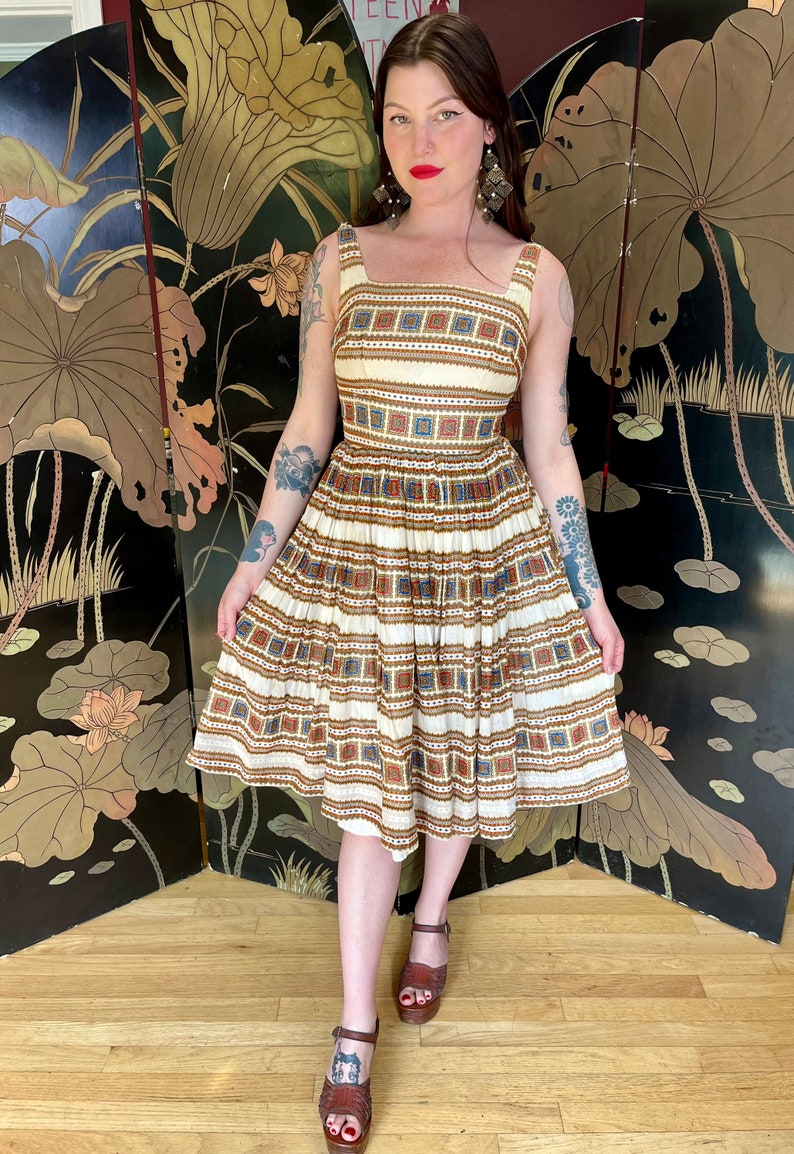 1950s Cotton Batik Fit and Flare Dress image 6