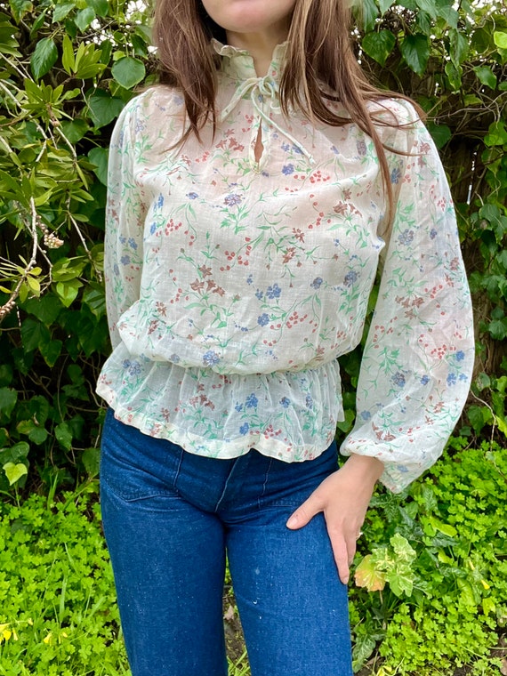 1970s Mister Marty Floral Balloon Sleeve Blouse - image 1