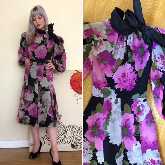 Xs 1980s Michael Novarese chiffon black and pink f