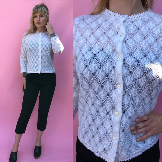 1960s White Crochet Button Up Cardigan