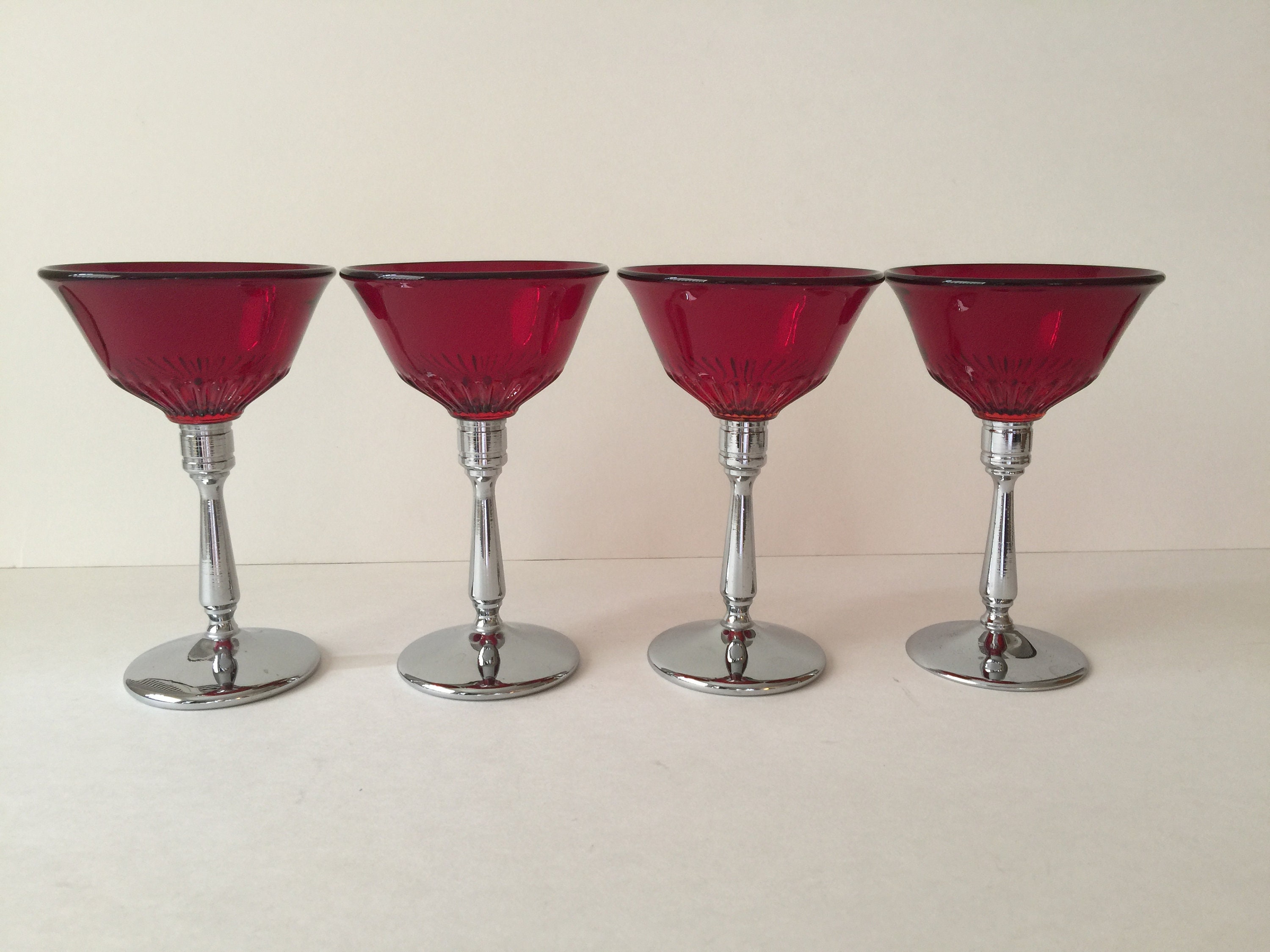 Vintage Ruby Red Wine Glasses Chrome Stem Cocktail Glass Set Etsy