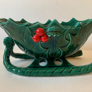 Vintage Lefton Green Holly Ceramic Sleigh, 1970’s Made  in Japan Candy, Serving Dish, Vintage Centerpiece