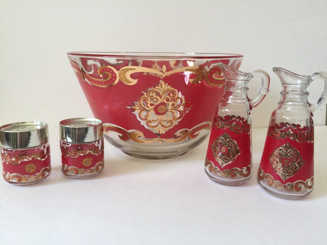 Vintage Starlyte Salad / Punch Bowl, MCM Gold / Red Serving Bowl, Oil