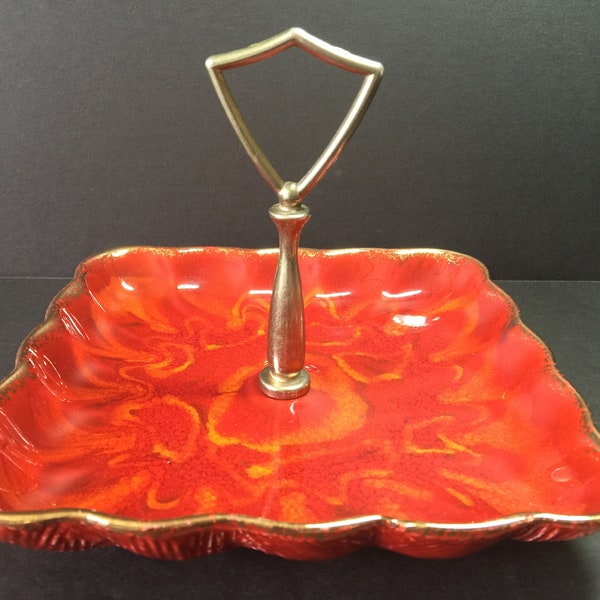 Vintage California Pottery Candy Dish, Mid Century Modern Orange Swirl Nut Dish, Retro Gold Trim Serving Dish, Modern Entertaining Plate