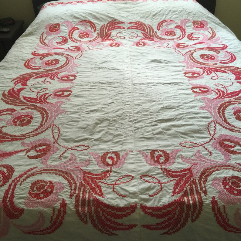 Hand Stitched Floral Bedspread Hand Quilted Bed Linens Handmade Quilted Bed Coverlet Vintage Cross Stitch Bedspread