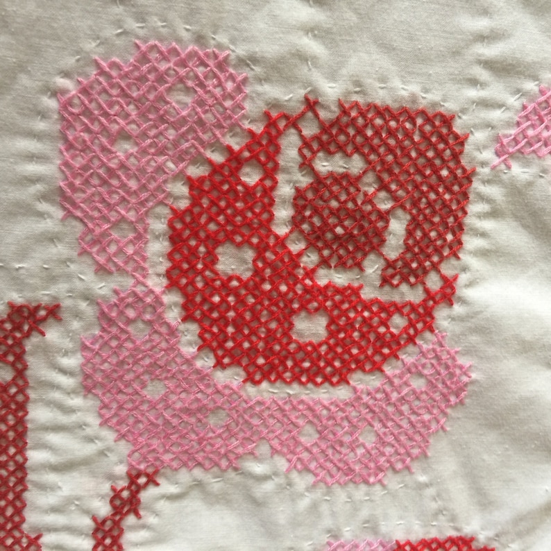 Hand Stitched Floral Bedspread Hand Quilted Bed Linens Handmade Quilted Bed Coverlet Vintage Cross Stitch Bedspread